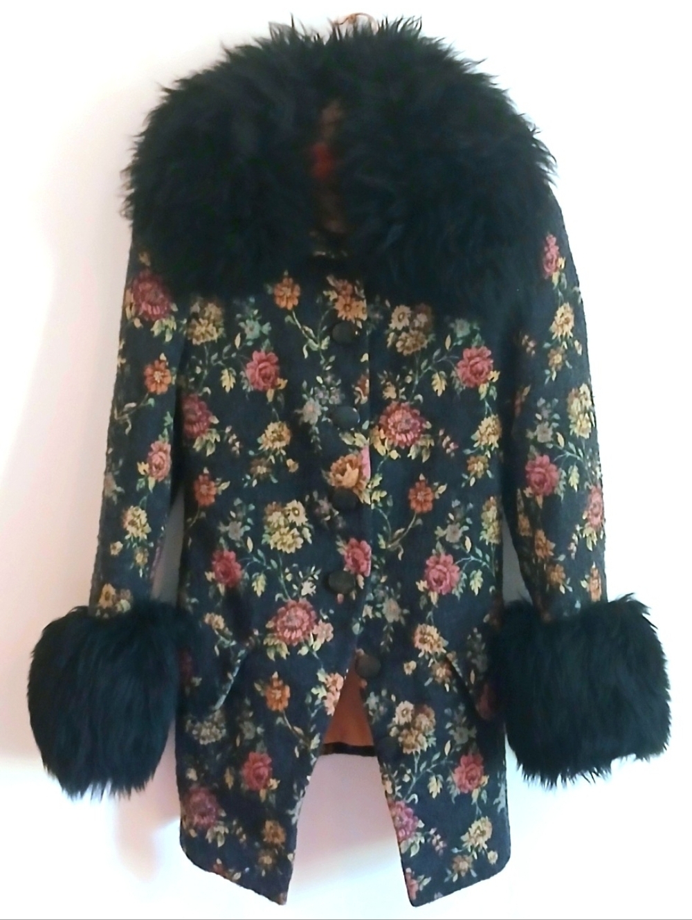 RARE 1990s Vivienne Westwood Red Label Tapestry Coat Fur Collar Collector Piece